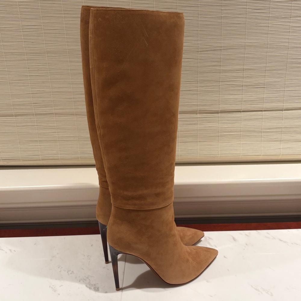 RALPH LAUREN TACI II TALL KIDSUEDE BOOTS CAMEL COLOR BROWN OMBRÉ PATENT HEEL